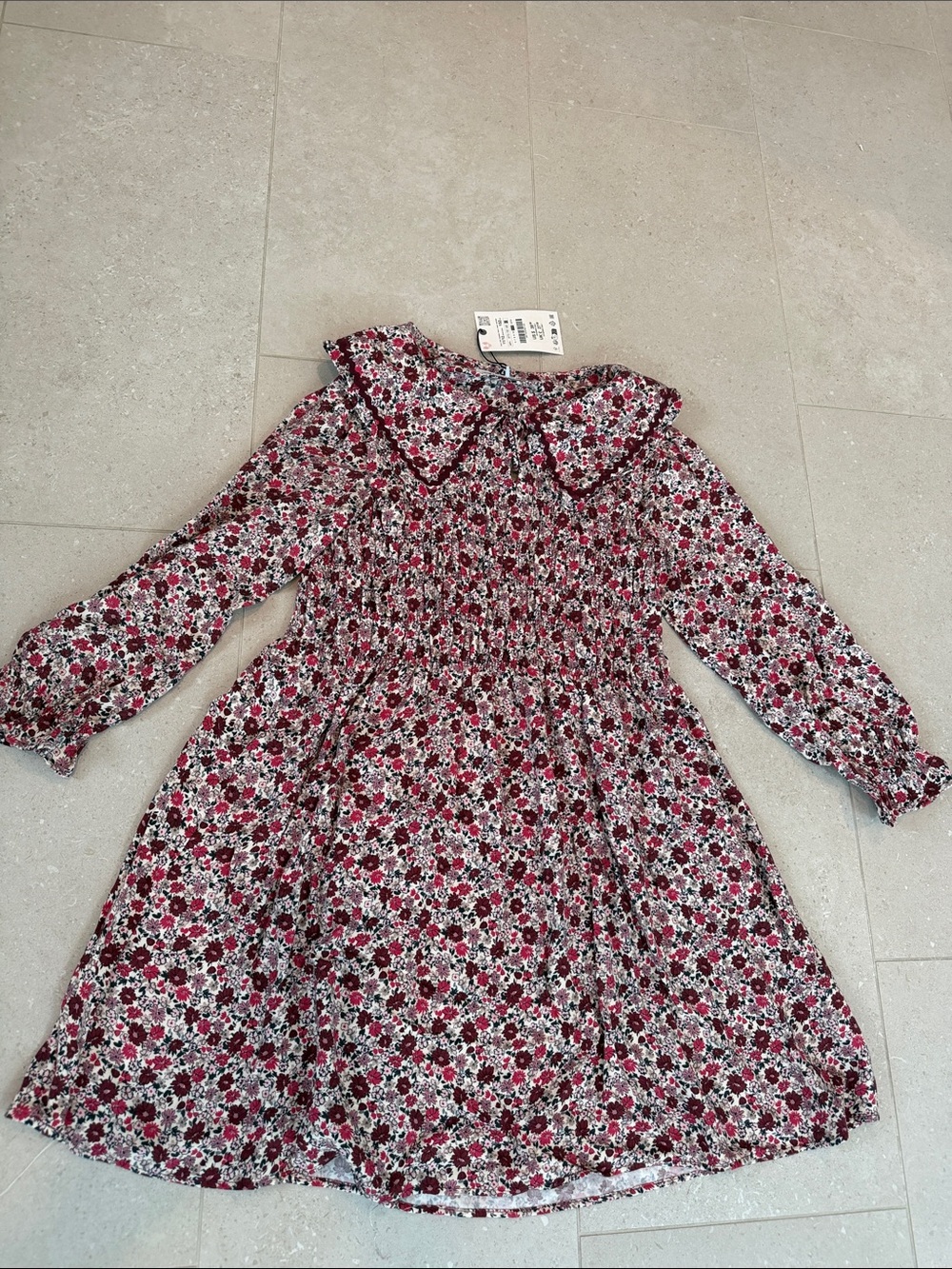 Girls Floral Long-Sleeve Smocked Dress - Red